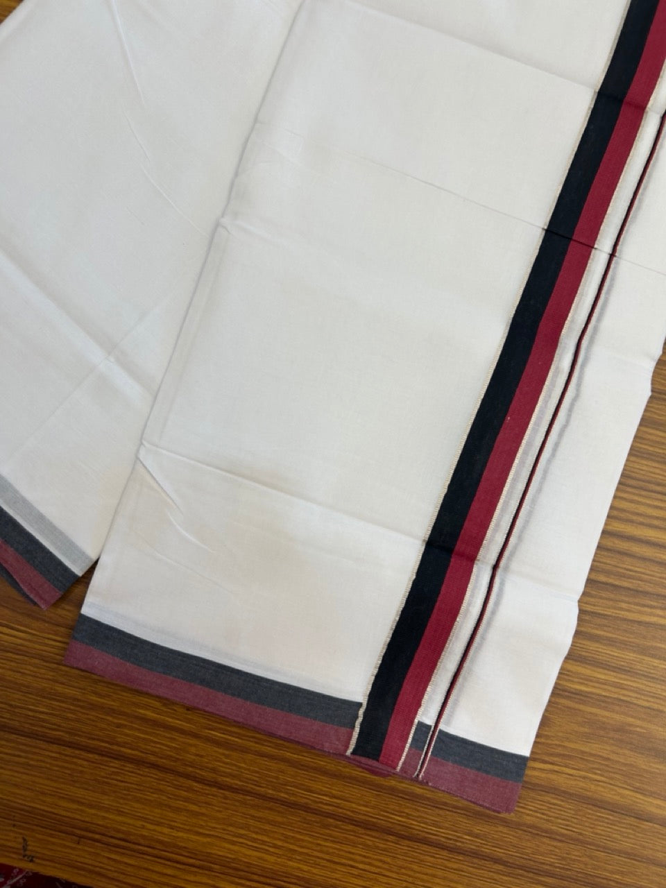Dmk Veshti - 20% Discount !! KaithariKada Balaramapuram Double Pure White Mundu/Dhoti - 100X100 - 1.25 inch Silver Kasav Maroon & Black Kara 4 mtr (8.5 muzham) - 30 KK5297 ASH
