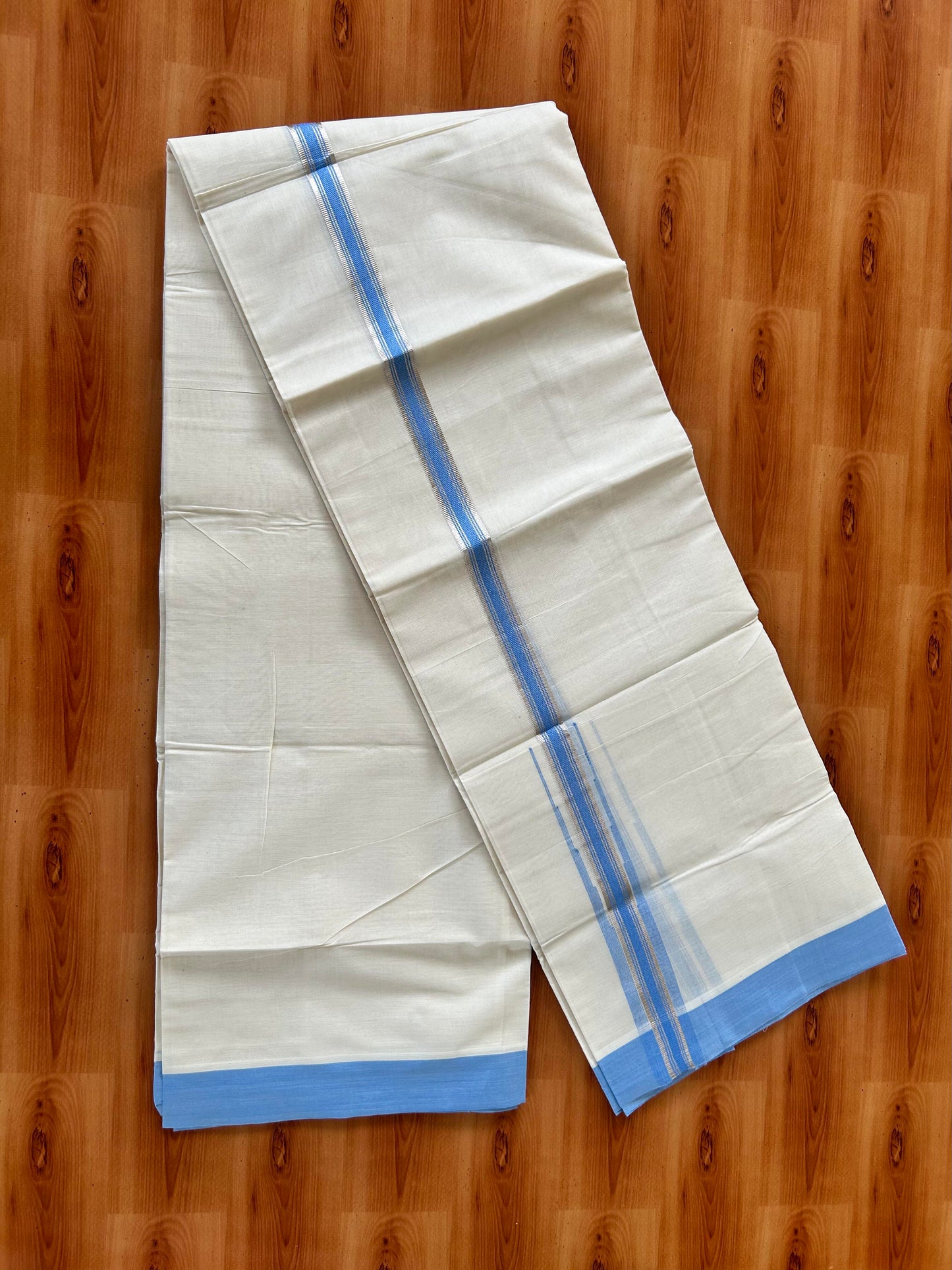 Off White Double (Unbleached) Mundu/Dhoti - 20% Discount! KaithariKada Balaramapuram 100% Cotton - 100x80 - 1 inch Silver Kasav & Light Blue Stripes Puliyilakkara Chutty Kara 4 mtr (8.5 Muzham) - 58 KK5440 VIN