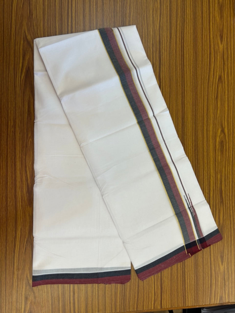 Dmk Veshti - 20% Discount! KaithariKada 100% Cotton Pure white Double Mundu/Dhoti - 100X100 - 1.5 inch Puliyilakkara Gold Kasav Black & Maroon Shaded Chutty kara - 45 KK5297 ASH