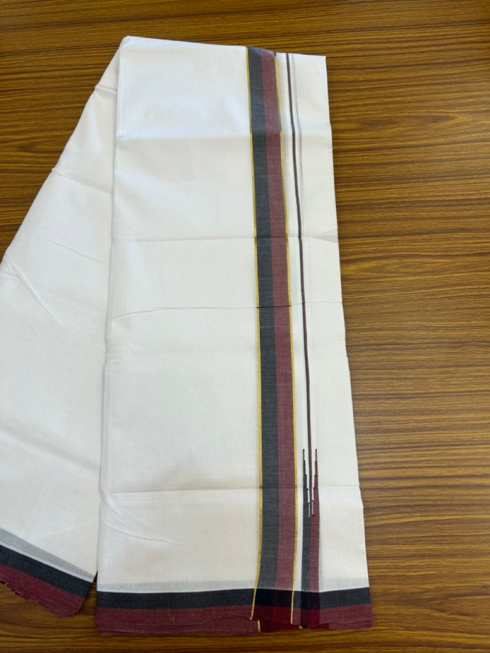 Dmk Veshti - 20% Discount! KaithariKada 100% Cotton Pure white Double Mundu/Dhoti - 100X100 - 1.5 inch Puliyilakkara Gold Kasav Black & Maroon Shaded Chutty kara - 45 KK5297 ASH