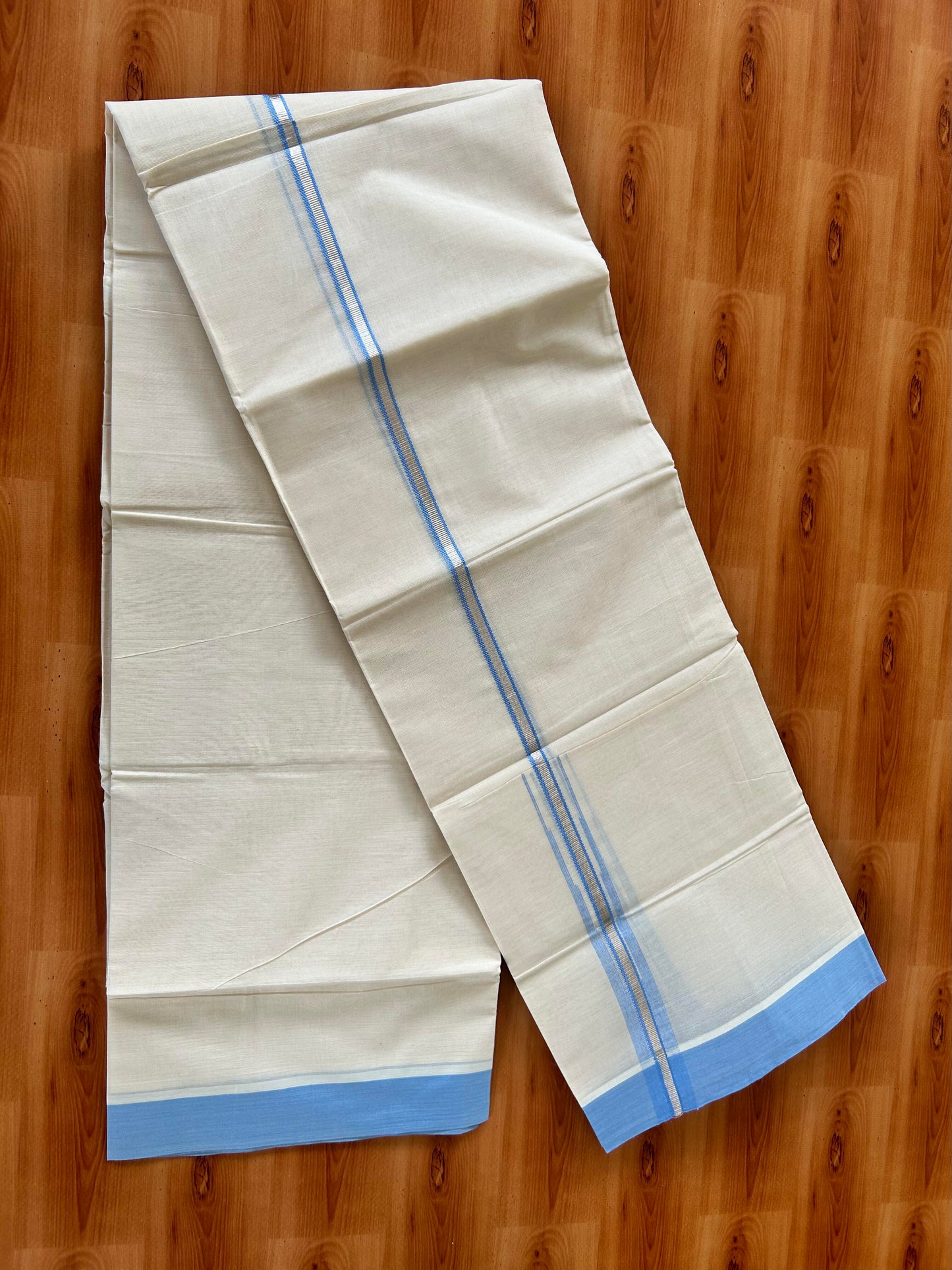 Off White Double (Unbleached) Mundu/Dhoti - 20% Discount! KaithariKada Balaramapuram 100% Cotton -100x80 - 1 inch Silver Kasav & Blue Puliyilakkara Chutty Kara 4 mtr (8.5 Muzham) - 50 KK5440 VIN