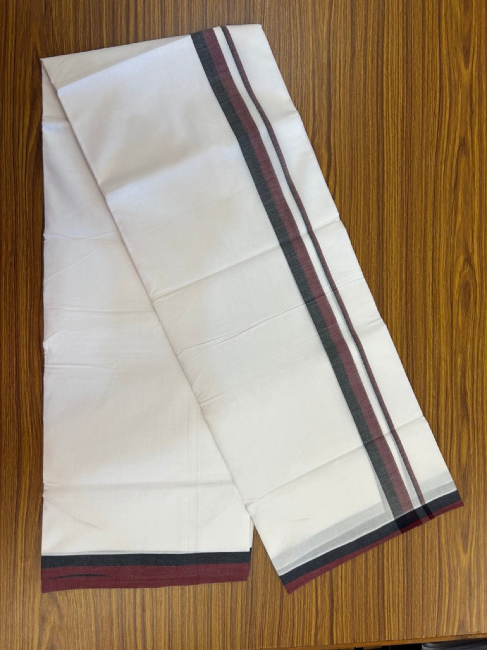 Dmk Veshti - 20% Discount! KaithariKada 100% Cotton Pure white Double Mundu/Dhoti - 100X100 - 1 inch Black & Maroon Shaded kara - 37 KK5297 ASH