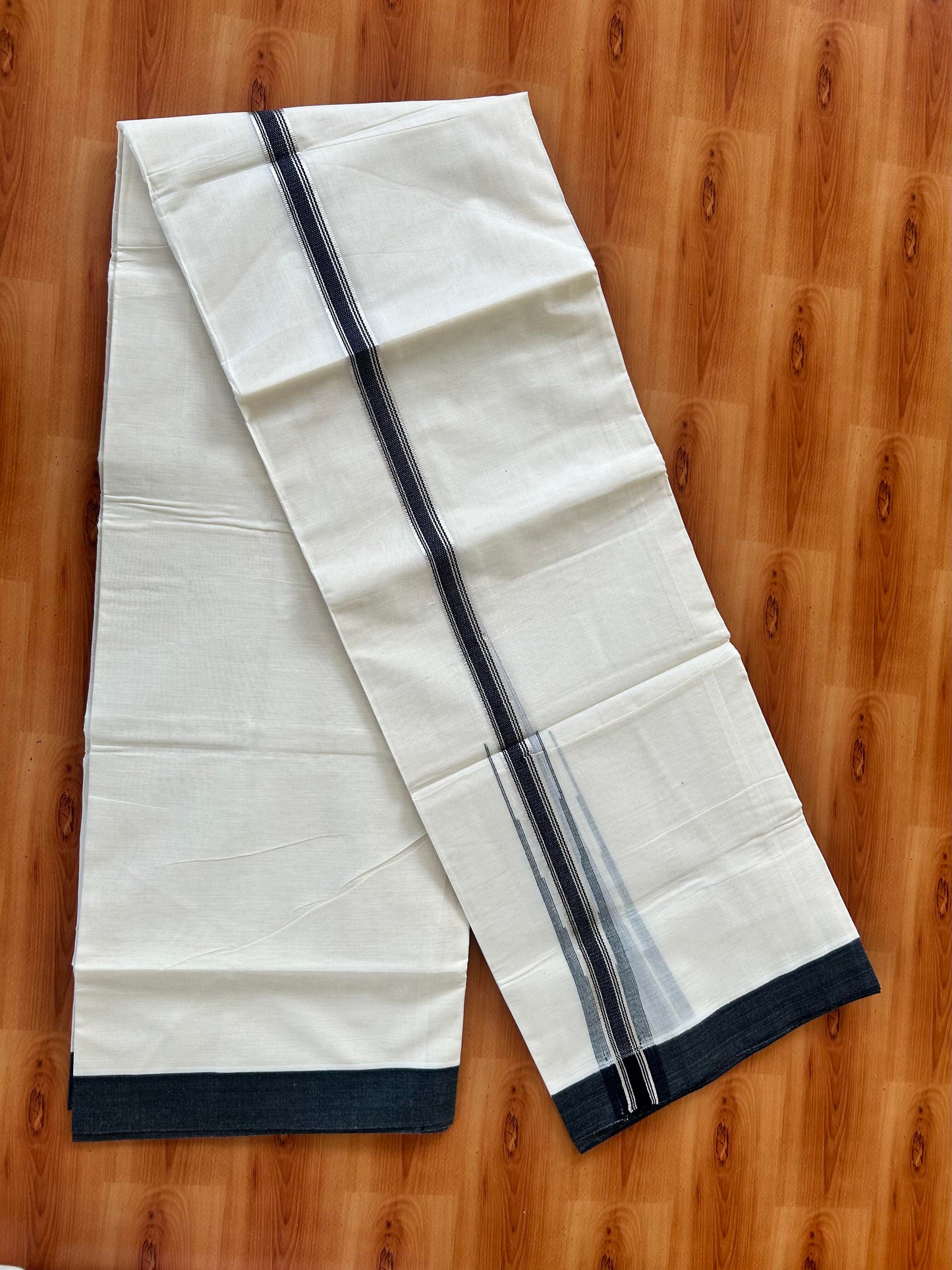 Off White Double (Unbleached) Mundu/Dhoti - 20% Discount! KaithariKada Balaramapuram 100% Cotton - 100x80 - 1 inch Silver Kasav & Black Stripes Puliyilakkara Chutty Kara 4 mtr (8.5 Muzham) - 57 KK5440 VIN