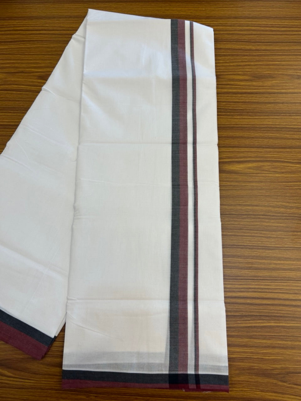 Dmk Veshti - 20% Discount! KaithariKada 100% Cotton Pure white Double Mundu/Dhoti - 100X100 - 1 inch Black & Maroon Shaded kara - 37 KK5297 ASH