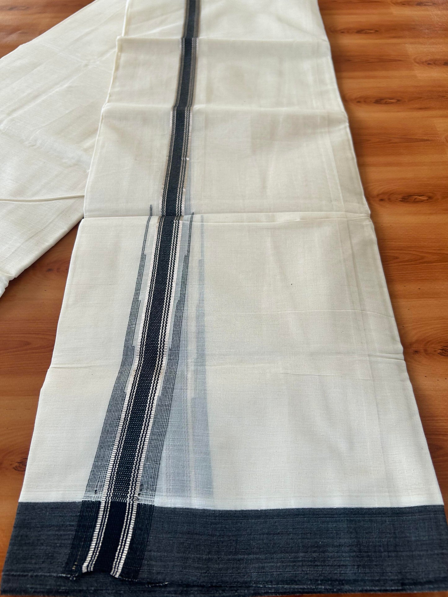 Off White Double (Unbleached) Mundu/Dhoti - 20% Discount! KaithariKada Balaramapuram 100% Cotton - 100x80 - 1 inch Silver Kasav & Black Stripes Puliyilakkara Chutty Kara 4 mtr (8.5 Muzham) - 57 KK5440 VIN