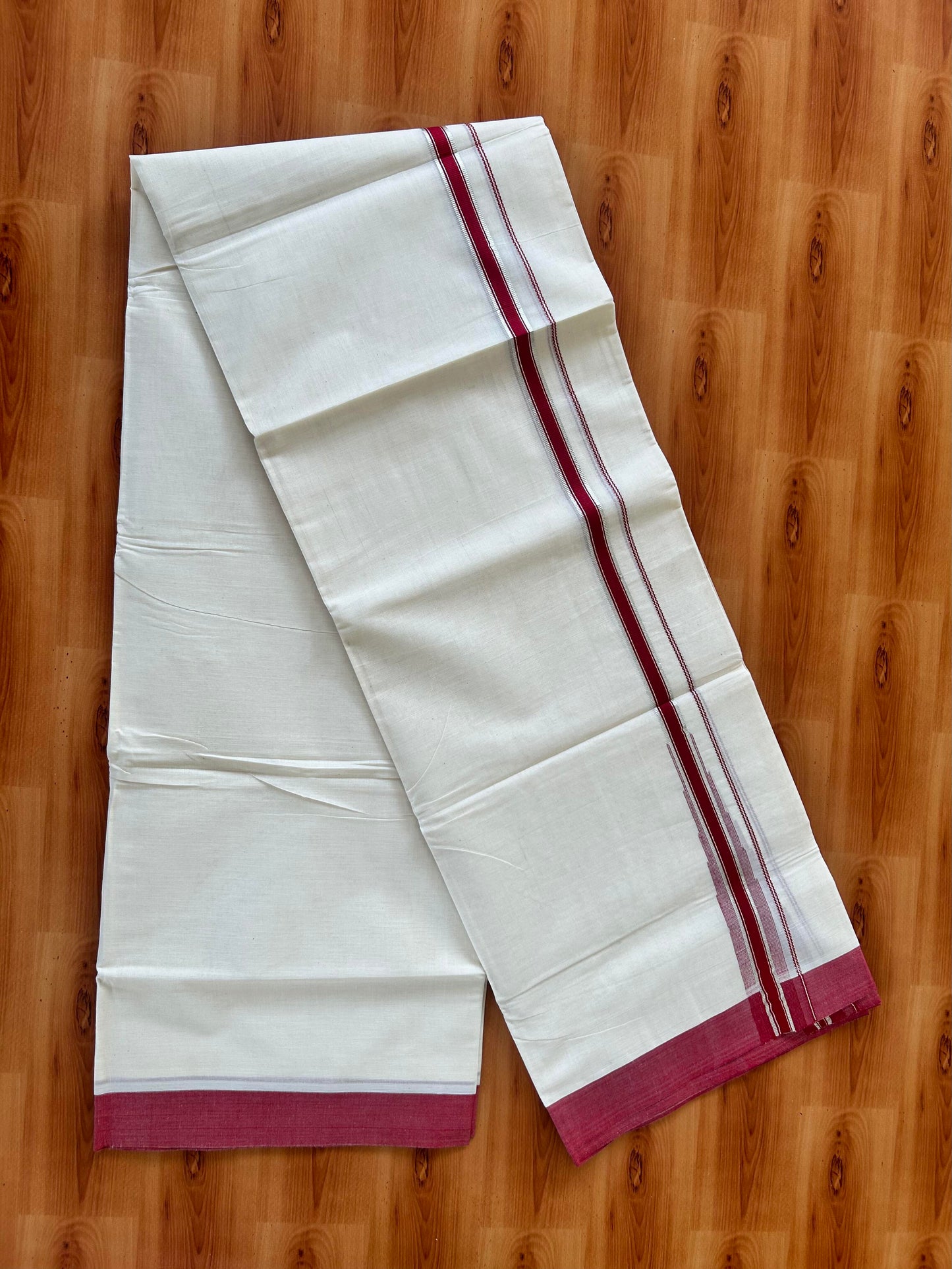 Off White Double (Unbleached) Mundu/Dhoti - 20% Discount! KaithariKada Balaramapuram 100% Cotton - 100x80 - 1 inch Silver Kasav & Reddish Maroon Stripes Puliyilakkara Chutty Kara 4 mtr (8.5 Muzham) - 56 KK5440 VIN
