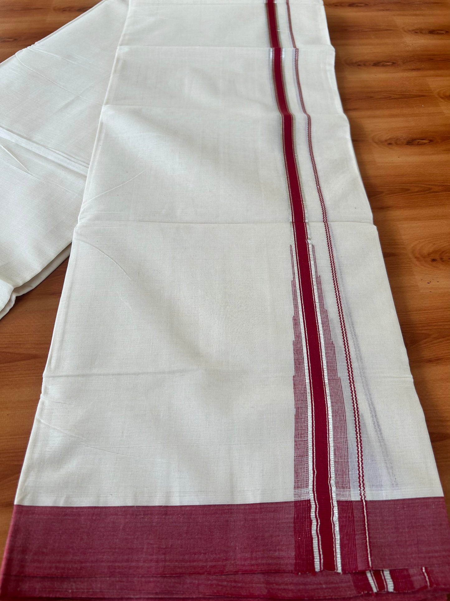 Off White Double (Unbleached) Mundu/Dhoti - 20% Discount! KaithariKada Balaramapuram 100% Cotton - 100x80 - 1 inch Silver Kasav & Reddish Maroon Stripes Puliyilakkara Chutty Kara 4 mtr (8.5 Muzham) - 56 KK5440 VIN