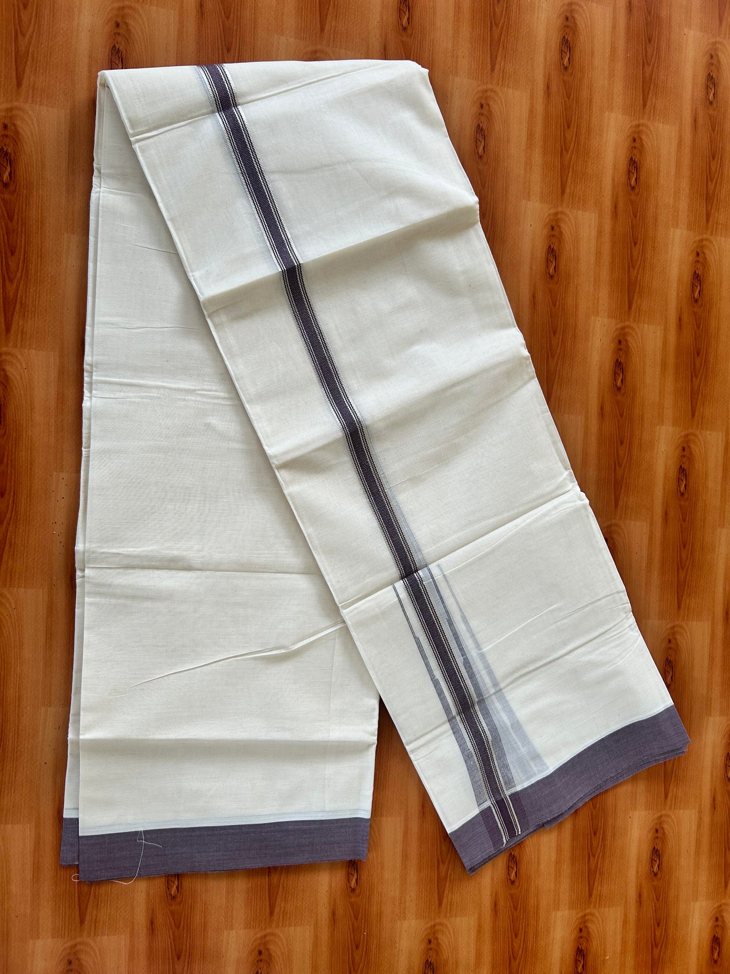 Off White Double (Unbleached) Mundu/Dhoti - 20% Discount! KaithariKada Balaramapuram 100% Cotton - 100x80 - 1 inch Silver Kasav & Purplish Brown Stripes Puliyilakkara Chutty Kara 4 mtr (8.5 Muzham) - 60 KK5440 VIN
