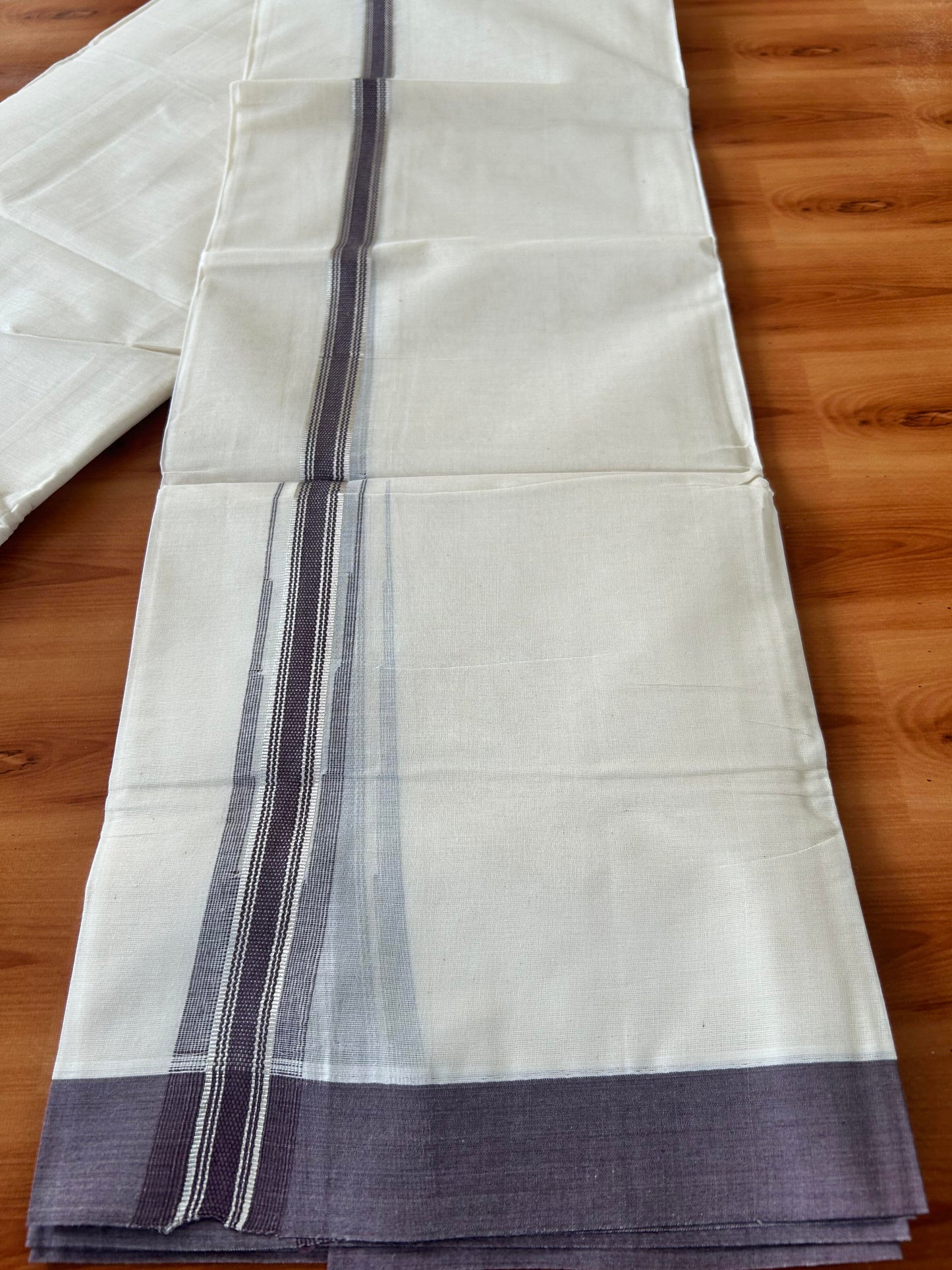 Off White Double (Unbleached) Mundu/Dhoti - 20% Discount! KaithariKada Balaramapuram 100% Cotton - 100x80 - 1 inch Silver Kasav & Purplish Brown Stripes Puliyilakkara Chutty Kara 4 mtr (8.5 Muzham) - 60 KK5440 VIN