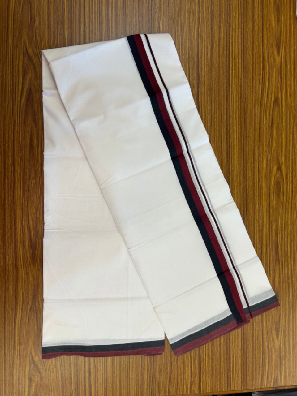 Dmk Veshti - 20% Discount! KaithariKada 100% Cotton Pure white Double Mundu/Dhoti - 100X100 - 0.75 inch Black & Maroon kara - 35 KK5297 ASH