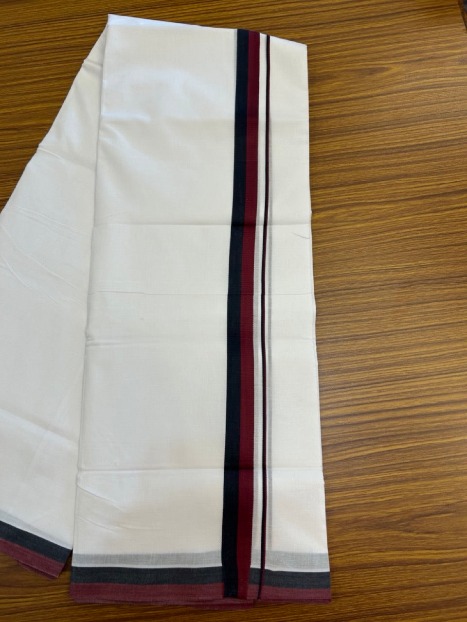 Dmk Veshti - 20% Discount! KaithariKada 100% Cotton Pure white Double Mundu/Dhoti - 100X100 - 0.75 inch Black & Maroon kara - 35 KK5297 ASH