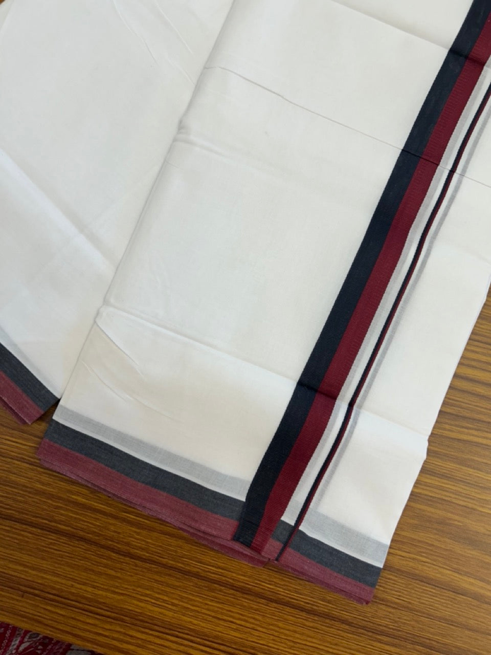 Dmk Veshti - 20% Discount! KaithariKada 100% Cotton Pure white Double Mundu/Dhoti - 100X100 - 0.75 inch Black & Maroon kara - 35 KK5297 ASH