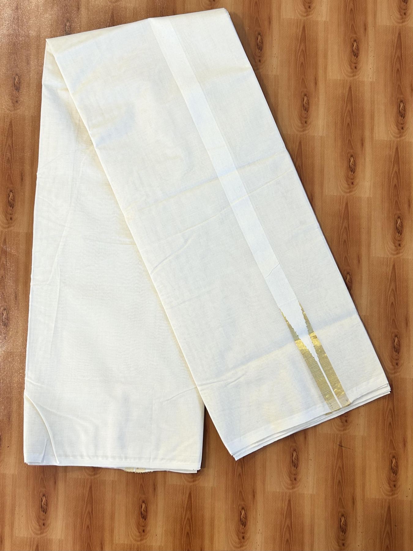 Double Off white Mundu/Dhoti - 20% Discount! KaithariKada 100% Cotton - 100x100 - 1 inch Puliyilakkara Gold Kasav Chutty Kara 4 mtr (8.5 muzham) - 1 KK5445 ASH