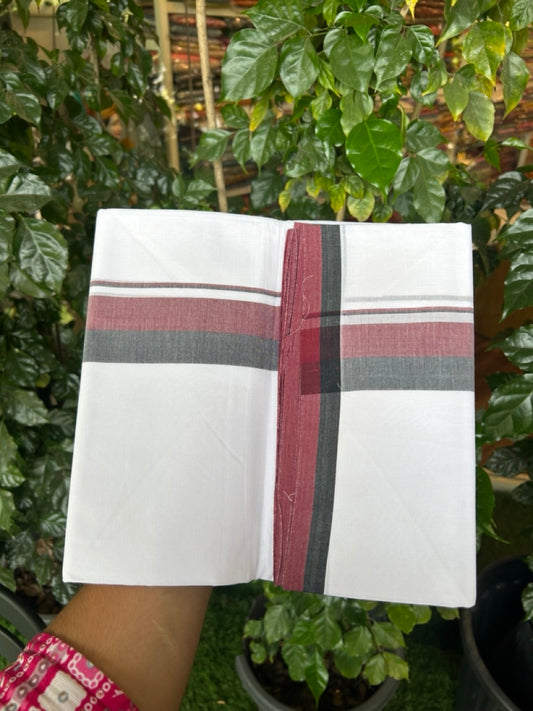 Dmk Veshti - 20% Discount! KaithariKada 100% Cotton Pure white Double Mundu/Dhoti - 100X100 - 1.75 inch Black & Maroon Shaded kara - 38 KK5297 ASH