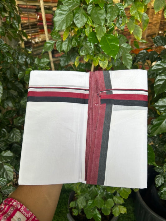 Dmk Veshti - 20% Discount! KaithariKada 100% Cotton Pure white Double Mundu/Dhoti - 100X100 - 0.75 inch Black & Maroon kara - 35 KK5297 ASH