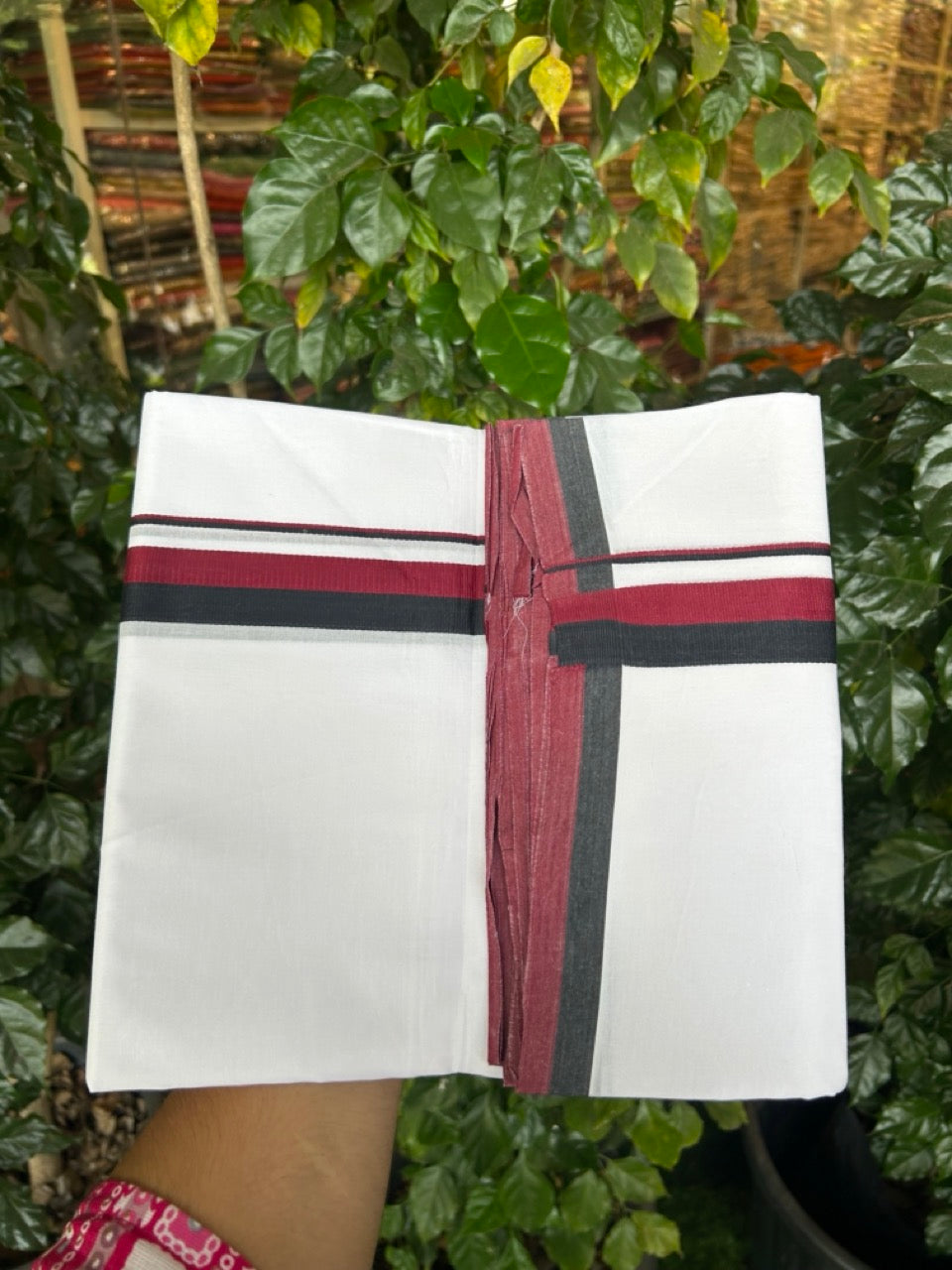 Dmk Veshti - 20% Discount! KaithariKada 100% Cotton Pure white Double Mundu/Dhoti - 100X100 - 1 inch Black & Maroon kara - 36 KK5297 ASH
