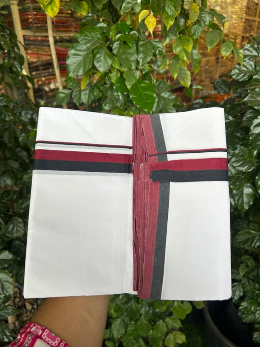 Dmk Veshti - 20% Discount! KaithariKada 100% Cotton Pure white Double Mundu/Dhoti - 100X100 - 1 inch Black & Maroon kara - 36 KK5297 ASH