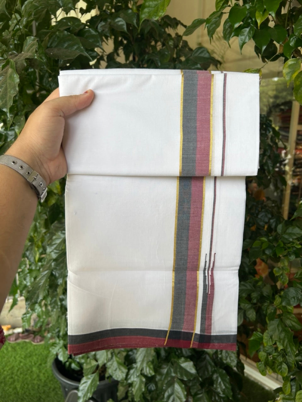 Dmk Veshti - 20% Discount! KaithariKada 100% Cotton Pure white Double Mundu/Dhoti - 100X100 - 1.5 inch Puliyilakkara Gold Kasav Black & Maroon Shaded Chutty kara - 45 KK5297 ASH