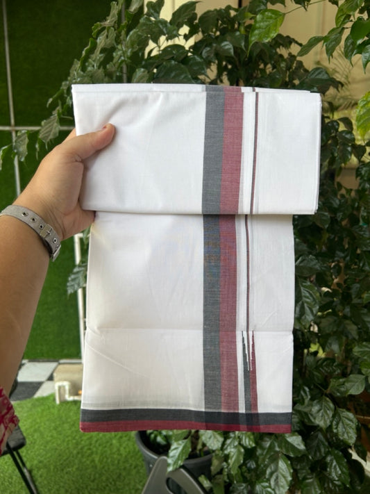 Dmk Veshti - 20% Discount! KaithariKada 100% Cotton Pure white Double Mundu/Dhoti - 100X100 - 1.5 inch Puliyilakkara Black & Maroon Shaded Chutty kara - 42 KK5297 ASH