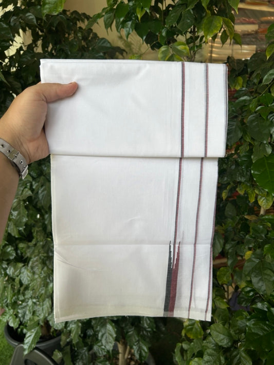 DMK Veshti -20% DISCOUNT! KaithariKada 100% Cotton Pure white Double - (Unbleached) Mundu/Dhoti - 100X100 - 5.75 inch Puliyilakkara Black & Maroon Stiped Chutty kara - 20 KK5297 ASH