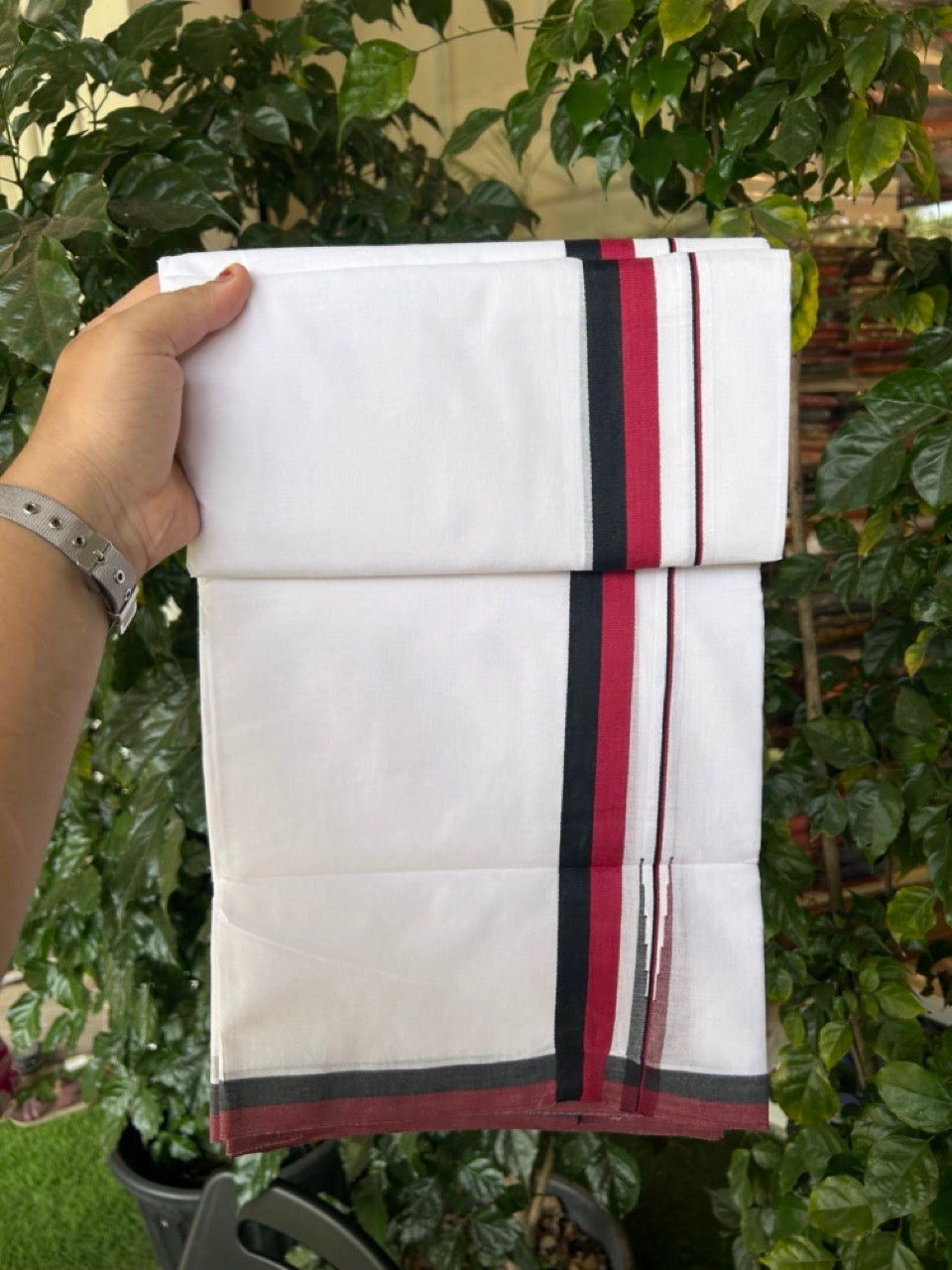 Dmk Veshti - 20% Discount! KaithariKada 100% Cotton Pure white Double Mundu/Dhoti - 100X100 - 1 inch Puliyilakkara Black & Maroon Red Chutty kara - 39 KK5297 ASH