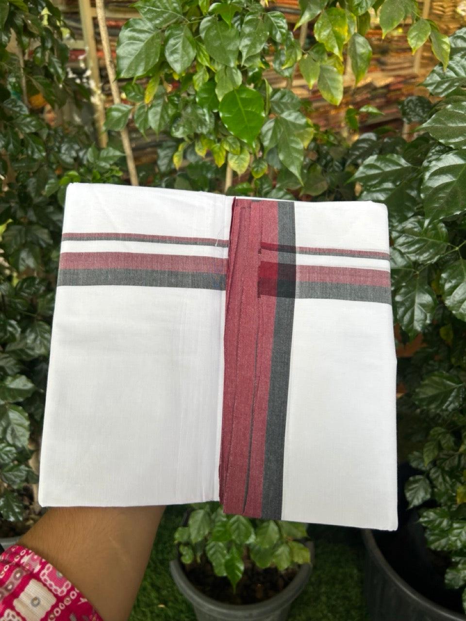 Dmk Veshti - 20% Discount! KaithariKada 100% Cotton Pure white Double Mundu/Dhoti - 100X100 - 1 inch Black & Maroon Shaded kara - 37 KK5297 ASH