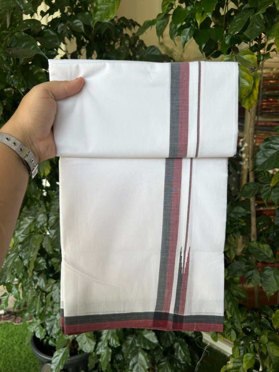 Dmk Veshti - 20% Discount! KaithariKada 100% Cotton Pure white Double Mundu/Dhoti - 100X100 - 1 inch Puliyilakkara Black & Maroon Shaded Chutty kara - 43 KK5297 ASH