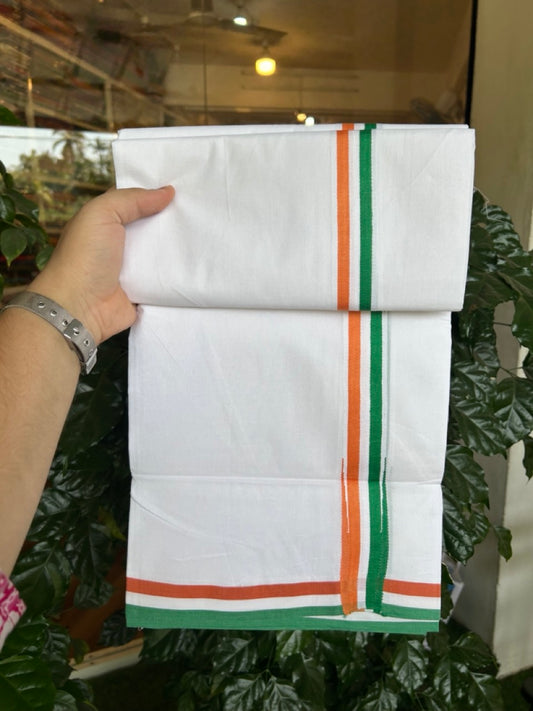 CONGRESS VESHTI - 20% DISCOUNT! KaithariKada 100% Cotton Pure whi te Double Mundu/Dhoti - 100X80 - 1 inch Puliyilakkara Orange White & Green Chutty Kara -  21 KK5297 ASH