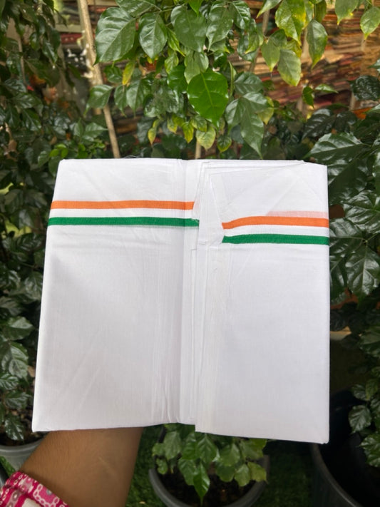 CONGRESS VESHTI - 20% DISCOUNT! KaithariKada 100% Cotton Pure white Double Mundu/Dhoti - 100X80 - 1 inch Orange White & Green Kara - 2 KK5297 ASH