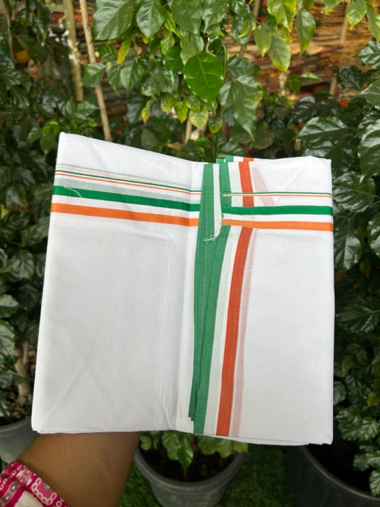 CONGRESS VESHTI - 20% DISCOUNT! KaithariKada 100% Cotton Pure white Double Mundu/Dhoti - 100X80 - 1 inch Orange White & Green Kara - 1 KK5297 ASH