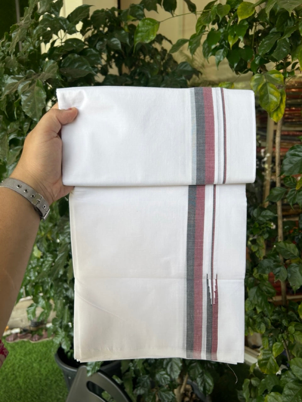 Dmk Veshti - 20% Discount! KaithariKada 100% Cotton Pure white Double Mundu/Dhoti - 100X100 - 0.75 inch Puliyilakkara Black & Maroon Shaded Chutty kara - 44 KK5297 ASH