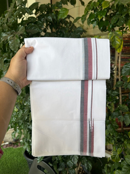 Dmk Veshti - 20% Discount! KaithariKada 100% Cotton Pure white Double Mundu/Dhoti - 100X100 - 0.75 inch Puliyilakkara Black & Maroon Shaded Chutty kara - 44 KK5297 ASH