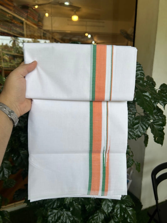 BJP VESHTI - 20% DISCOUNT! KaithariKada 100% Cotton Pure white Double Mundu/Dhoti - 100X80 - 1.25 inch Puliyilakkara Orange & Green Shaded Chutty Kara - 4mtr (8.5 muzham)- 24 KK5297 ASH