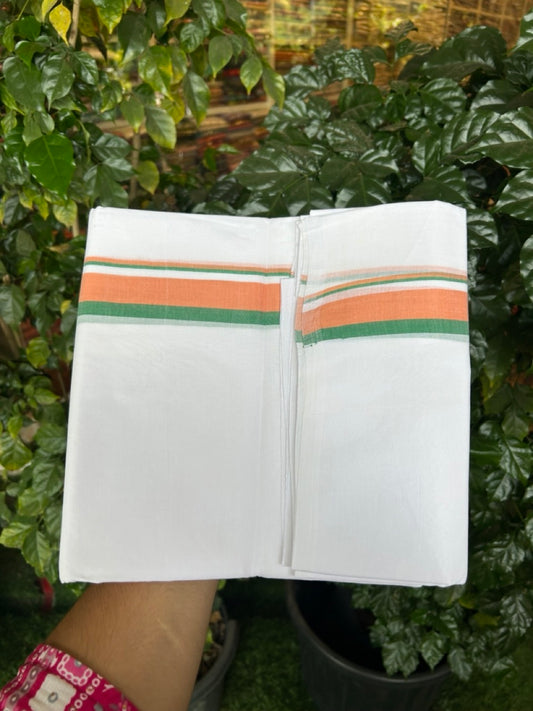 BJP VESHTI - 20% DISCOUNT! KaithariKada 100% Cotton Pure white Double Mundu/Dhoti - 100X80 - 1.25 inch Orange & Green Kara - 5 KK5297 ASH