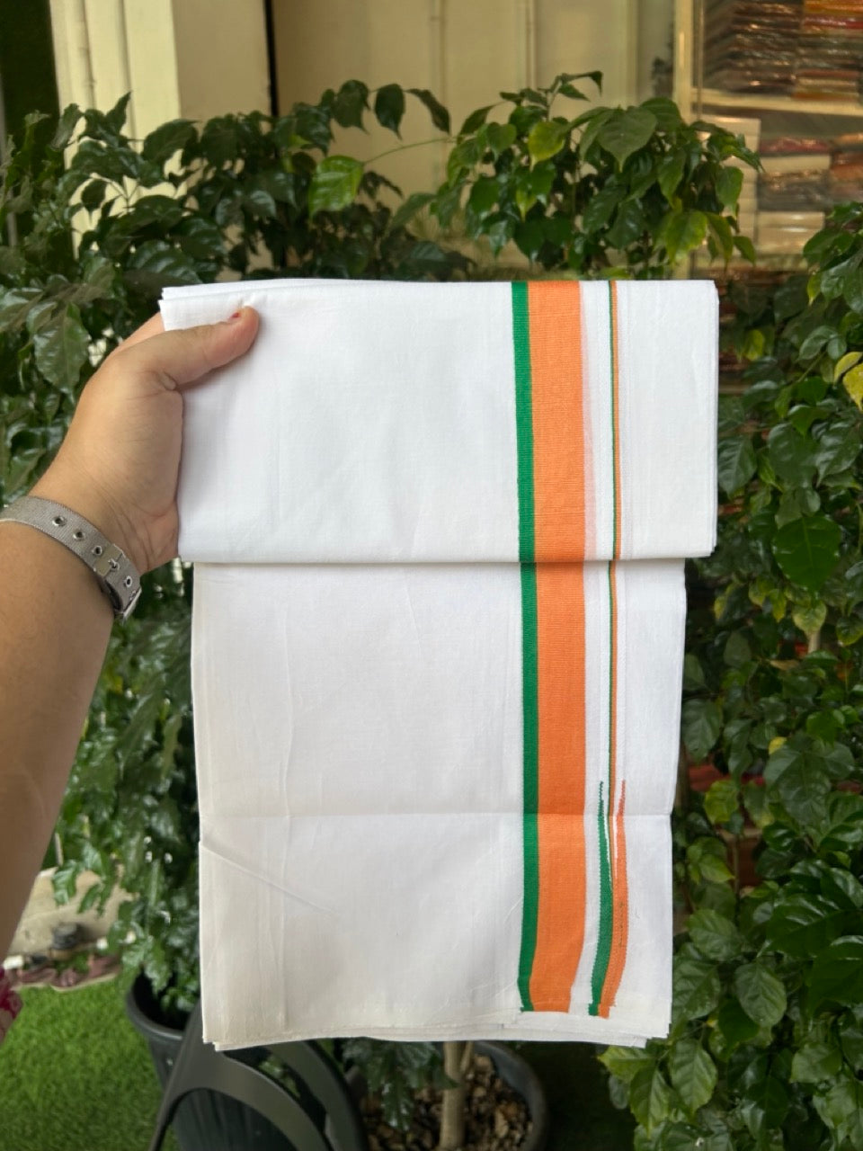 Bjp Veshti - 20% Discount! KaithariKada 100% Cotton Pure white Double Mundu/Dhoti - 100X80 - 1.25 inch Puliyilakkara Orange & Green Chutty Kara - 4mtr (8.5 muzham)- 46 KK5297 ASH