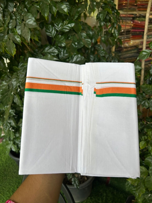 BJP VESHTI - 20% DISCOUNT! KaithariKada 100% Cotton Pure white Double Mundu/Dhoti - 100X100 - 0.75 inch Orange & Green Kara - 3 KK5297 ASH