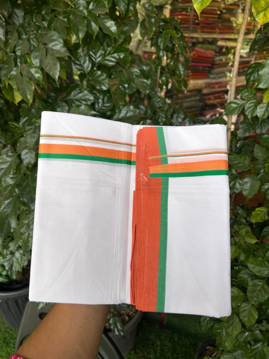 BJP VESHTI - 20% DISCOUNT! KaithariKada 100% Cotton Pure white Double Mundu/Dhoti - 100X80 - 0.75 inch Orange & Green Kara - 4 KK5297 ASH