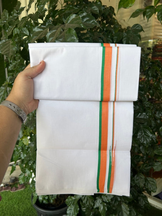 BJP VESHTI - 20% DISCOUNT! KaithariKada 100% Cotton Pure white Double Mundu/Dhoti - 100X80 - 0.75 inch Puliyilakkara Orange & Green Chutty Kara - 4mtr (8.5 muzham)- 25 KK5297 ASH