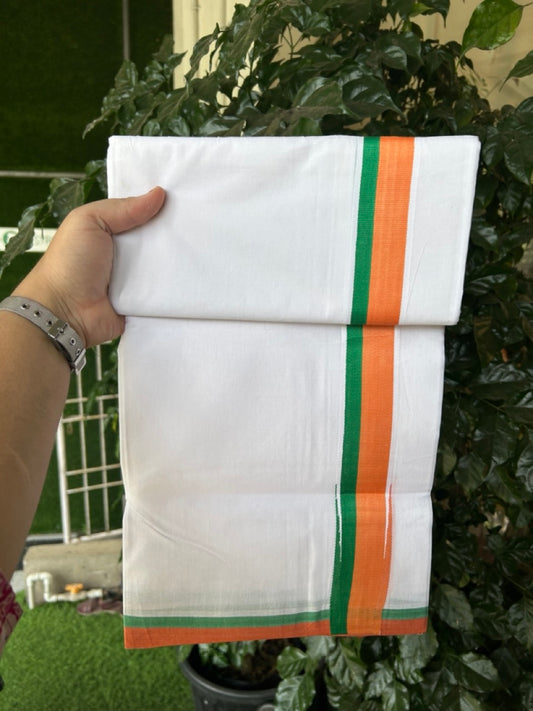 BJP VESHTI - 20% DISCOUNT! KaithariKada 100% Cotton Pure white Double Mundu/Dhoti - 100X80 - 1.5 inch Puliyilakkara Orange & Green Chutty Kara - 4mtr (8.5 muzham)- 22 KK5297 ASH
