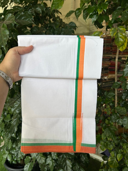 BJP VESHTI - 20% DISCOUNT! KaithariKada 100% Cotton Pure white Double Mundu/Dhoti - 100X80 - 1 inch Puliyilakkara Orange & Green Chutty Kara - 4mtr (8.5 muzham)- 23 KK5297 ASH