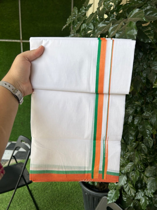 BJP VESHTI - 20% DISCOUNT! KaithariKada 100% Cotton Pure white Double Mundu/Dhoti - 100X80 - 0.75 inch Puliyilakkara Orange & Green Chutty Kara - 4mtr (8.5 muzham)- 26 KK5297 ASH