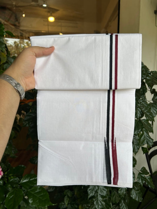 ADMK VESTHI 20% DISCOUNT ! KaithariKada Balaramapuram 100% Cotton Pure White Double Mundu/Dhoti- 100X100- 1 Inch  Puliyilakkara Maroon & Black Chutty Kara - 29 KK5297 ASH