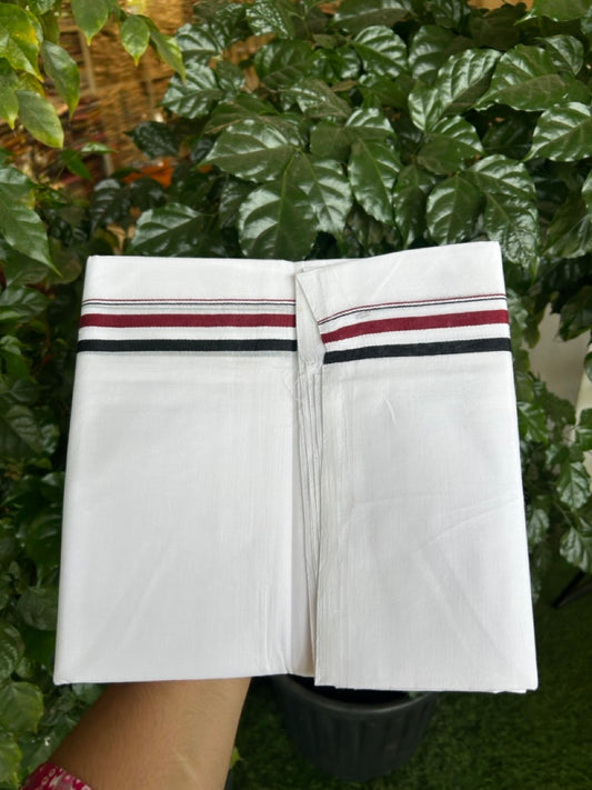 ADMK VESHTI - 20% DISCOUNT! KaithariKada 100% Cotton Pure white Double - (Unbleached) Mundu/Dhoti - 100X100 - 1 inch Black White & Maroon kara - 10 KK5297 ASH