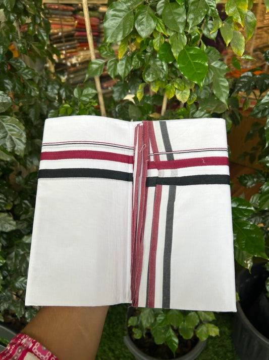 ADMK VESHTI - 20% DISCOUNT! KaithariKada 100% Cotton Pure white Double - (Unbleached) Mundu/Dhoti - 100X100 - 1.5 inch Black White & Maroon kara - 11 KK5297 ASH