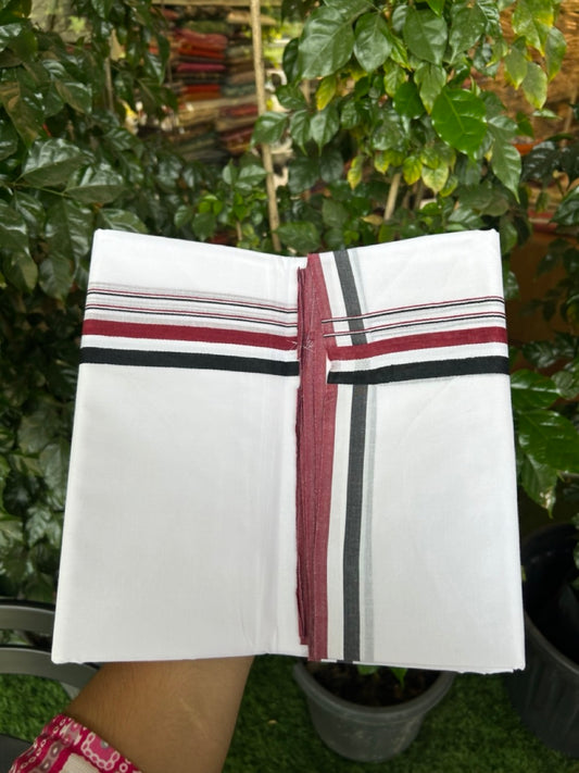 ADMK VESHTI - 20% DISCOUNT! KaithariKada 100% Cotton Pure white Double - (Unbleached) Mundu/Dhoti - 100X100 - 1 inch Black White & Maroon kara - 13 KK5297 ASH