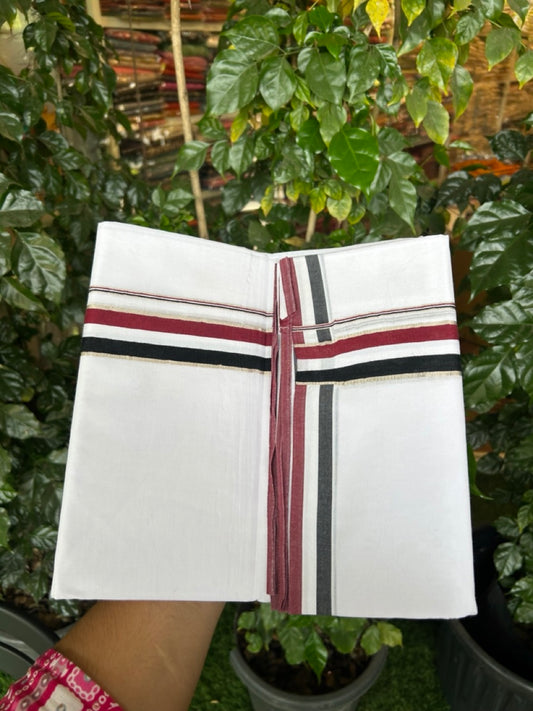 ADMK VESHTI - 20% DISCOUNT! KaithariKada 100% Cotton Pure white Double - (Unbleached) Mundu/Dhoti - 100X100 - 1.5 inch Black White & Maroon kara - 27 KK5297 ASH
