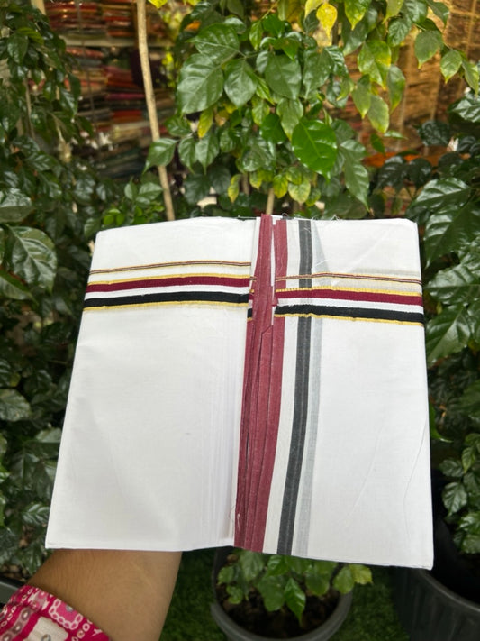 ADMK VESHTI - 20% DISCOUNT! KaithariKada 100% Cotton off white Double - (Unbleached) Mundu/Dhoti - 100X100 - 1 inch Gold Kasavu & Black White Maroon kara - 5 KK5297 ASH