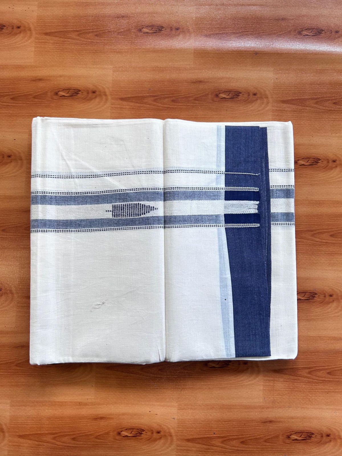 Double Off White (Unbleached) Mundu/Dhoti- 20% Discount! KaithariKada Pure Cotton - 100X80 - 1.5 inch Silver Kasav & Navy Blue Jaquard Design Kara - 4 mtr (8.5 Muzham) - 1 KK5510 VAS