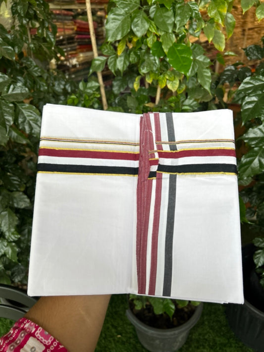 ADMK VESHTI - 20% DISCOUNT! KaithariKada 100% Cotton off white Double - (Unbleached) Mundu/Dhoti - 100X100 - 1.25 inch Gold Kasavu & Black White Maroon kara - 6 KK5297 ASH