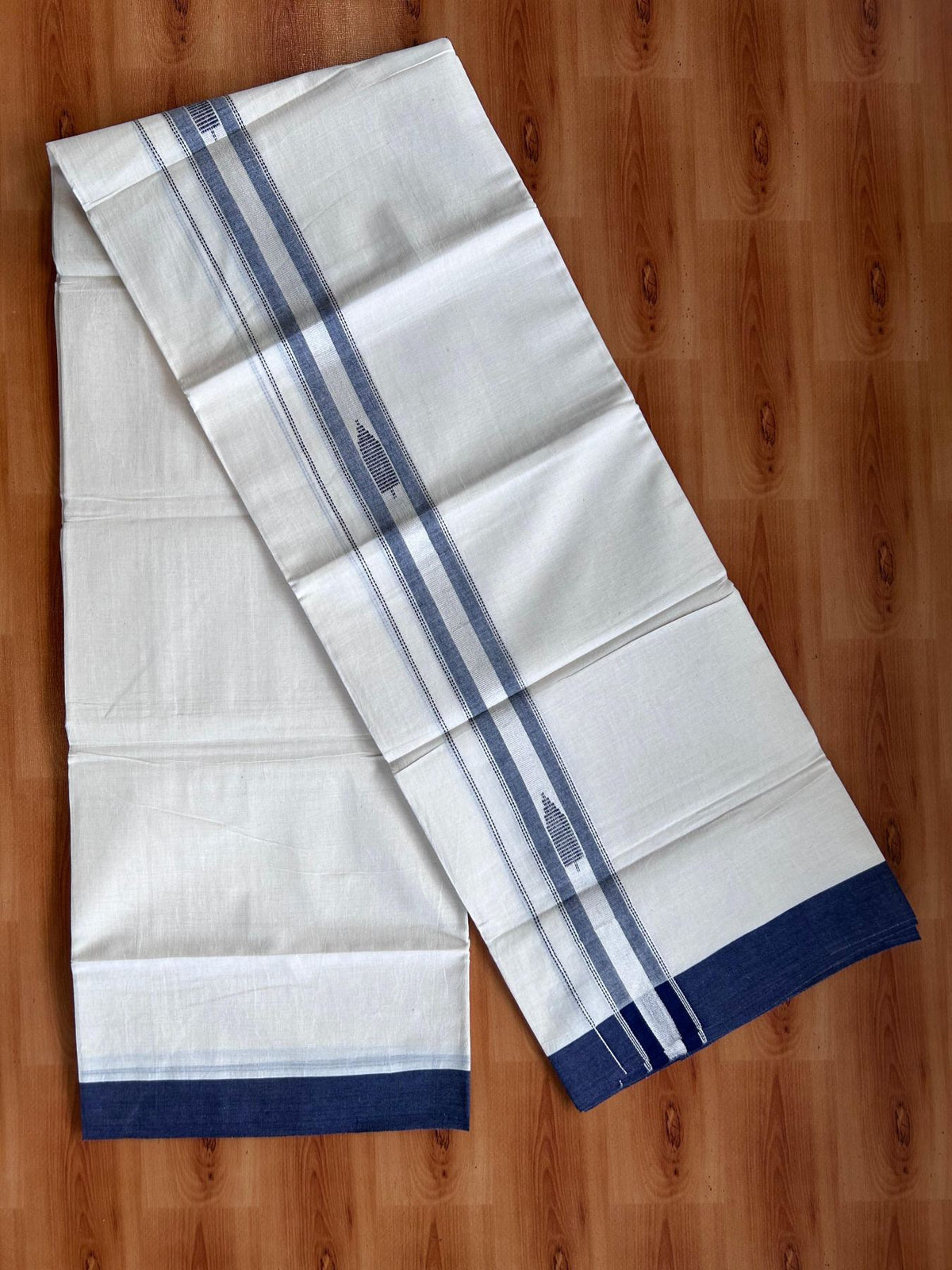 Double Off White (Unbleached) Mundu/Dhoti- 20% Discount! KaithariKada Pure Cotton - 100X80 - 1.5 inch Silver Kasav & Navy Blue Jaquard Design Kara - 4 mtr (8.5 Muzham) - 1 KK5510 VAS